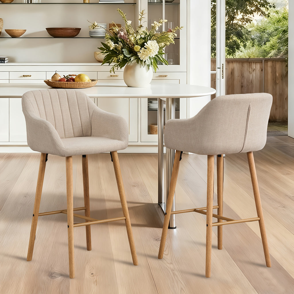 Set of 2 Bar Stools Upholstered in Modern Linen Fabric, Featuring Tall Chairs for Kitchen Islands with Back Support, Armrests, And Footrests