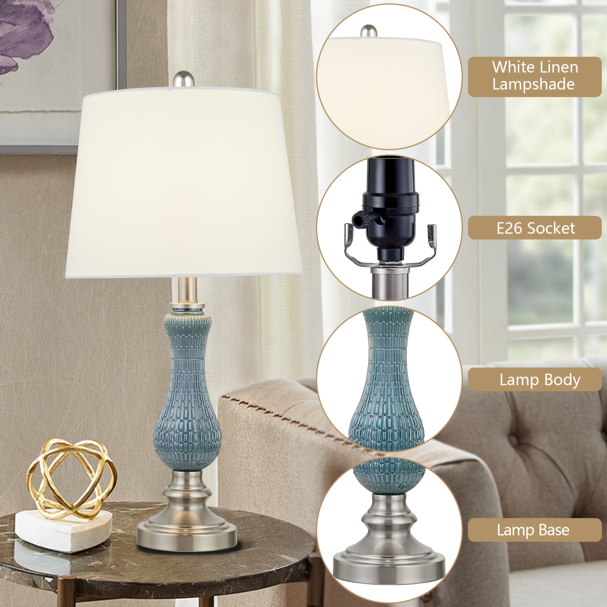 Blue Textured Glass Table Lamps Set Of 2, Modern Elegant White Shade Bedside Lamps With Ribbed Detail Lamp Body For Bedroom, Study, Office, Study Desk Lamp, Minimalist Lamp Design, Stylish Lamp, Lamp For Bedroom, Soft Warm Lighting For Home