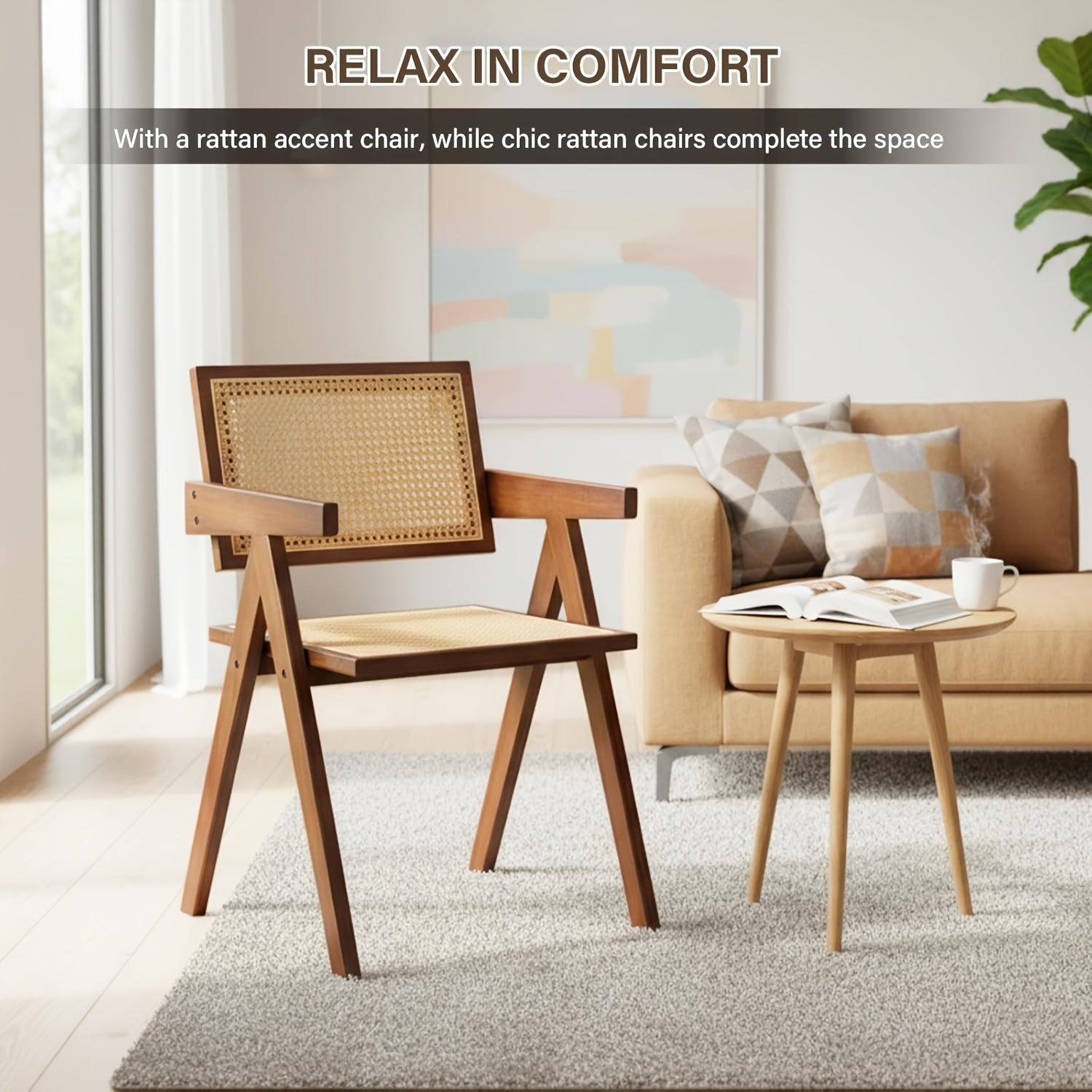 Modern Mid-Century Rattan Dining Chairs Suitable for \u002FOutdoor Use - Cushioned Armrest Accent Chairs with Soft Padded Seats, Assembly, Neutral Tones for Living Room, Kitchen, Furniture (No Wood)