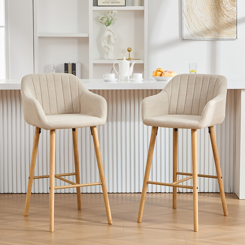 Set of 2 Bar Stools Upholstered in Modern Linen Fabric, Featuring Tall Chairs for Kitchen Islands with Back Support, Armrests, And Footrests