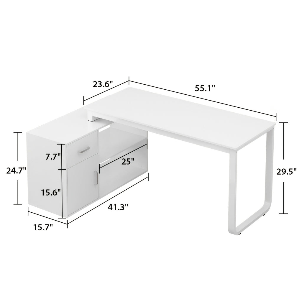 L-shaped Computer Desk with Drawer, Open Shelves & Filing Cabinet, Modern Writing Desk with Spacious Desktop, for Home Office, Study Room, White