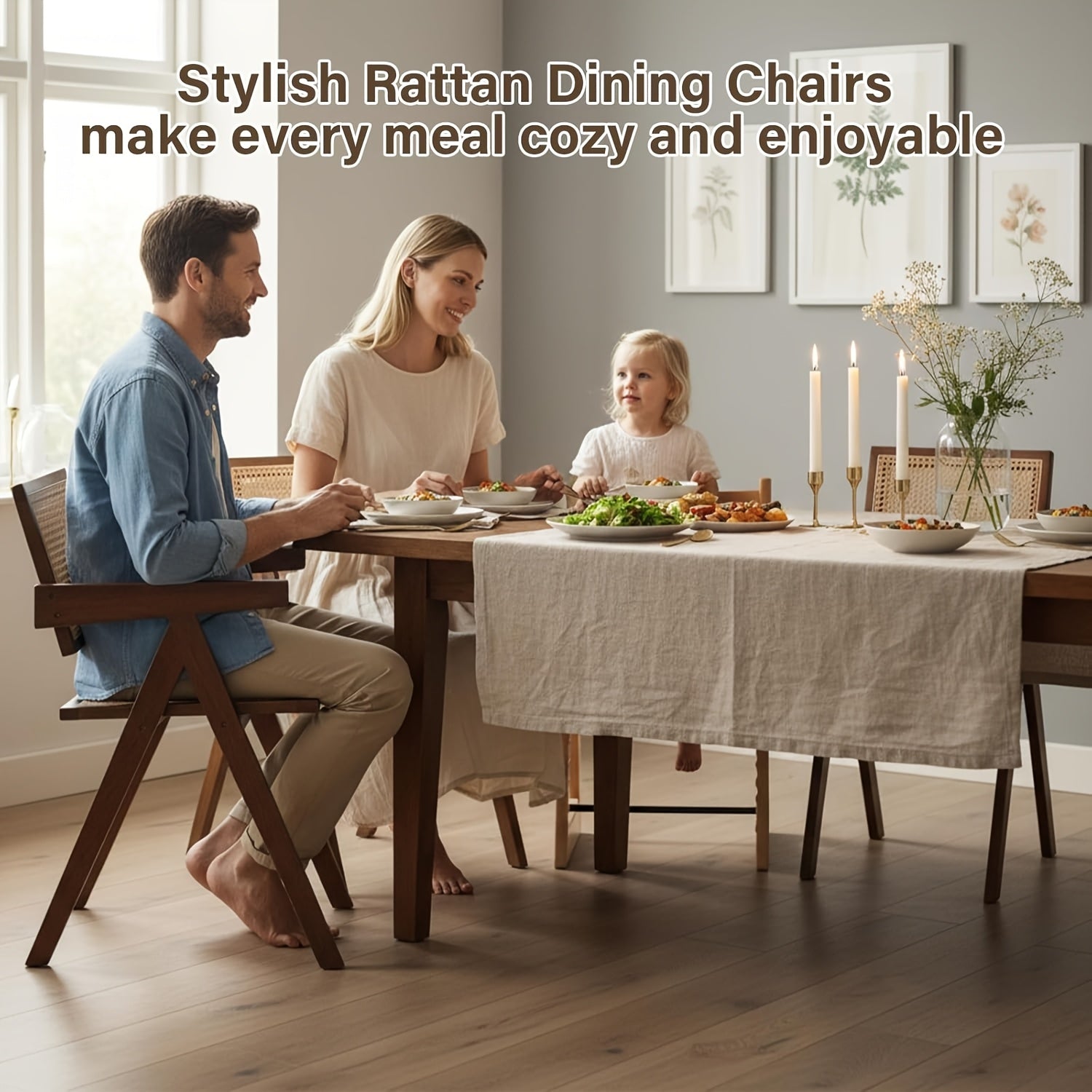 Modern Mid-Century Rattan Dining Chairs Suitable for \u002FOutdoor Use - Cushioned Armrest Accent Chairs with Soft Padded Seats, Assembly, Neutral Tones for Living Room, Kitchen, Furniture (No Wood)