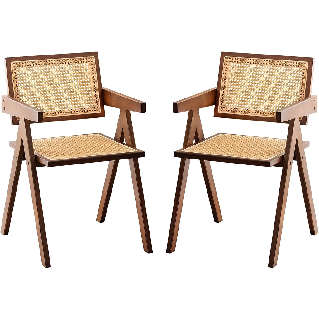 Modern Mid-Century Rattan Dining Chairs Suitable for \u002FOutdoor Use - Cushioned Armrest Accent Chairs with Soft Padded Seats, Assembly, Neutral Tones for Living Room, Kitchen, Furniture (No Wood)
