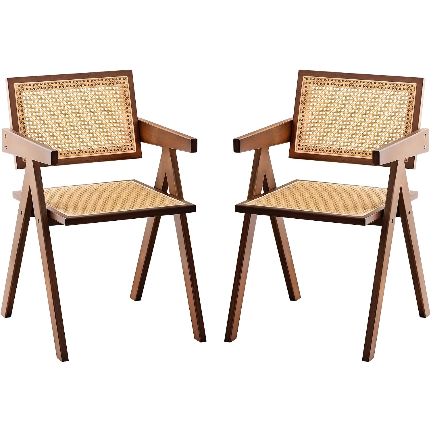 Modern Mid-Century Rattan Dining Chairs Suitable for \u002FOutdoor Use - Cushioned Armrest Accent Chairs with Soft Padded Seats, Assembly, Neutral Tones for Living Room, Kitchen, Furniture (No Wood)