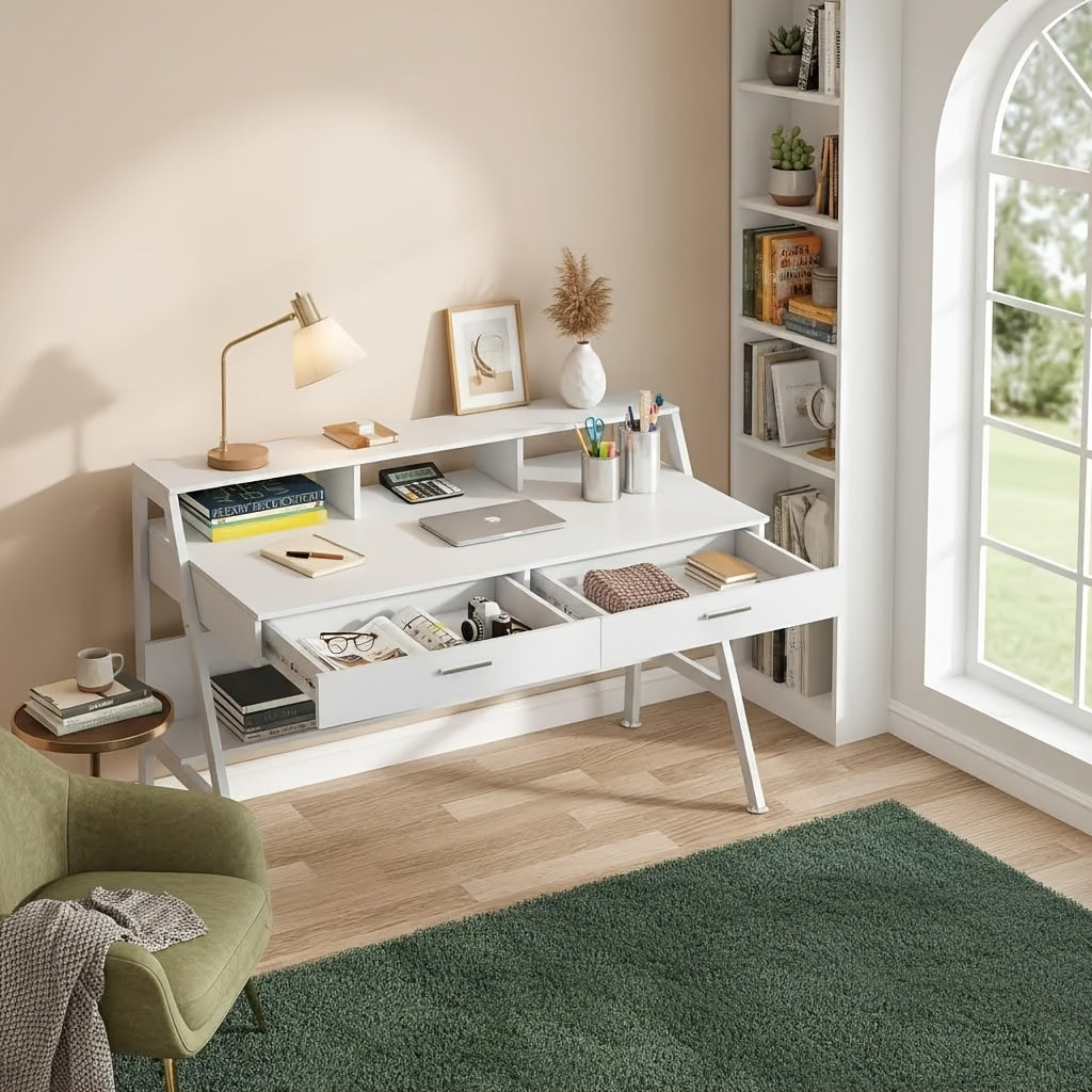 47 Inch Computer Desk With Storage Shelf & Drawers | Modern Office Writing Desk Study Table With Monitor Stand Riser, White, Byblight, Christmas Renewal