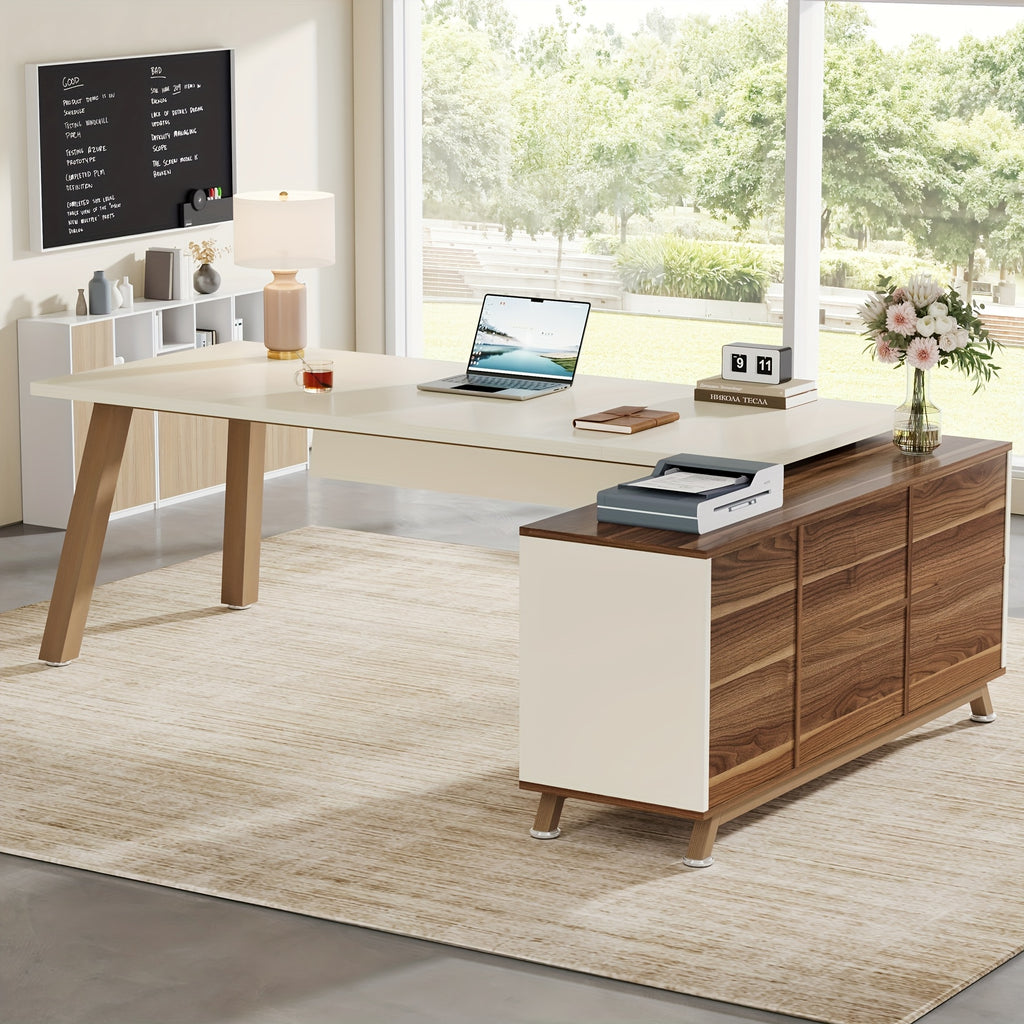 71-Inch Executive Workstation, L-Shaped Desk Featuring a 55-Inch Cabinet, Spacious Office Desk with Storage Shelves, Contemporary Computer Desk for Home Office, Walnut And White End, Easy Assembly