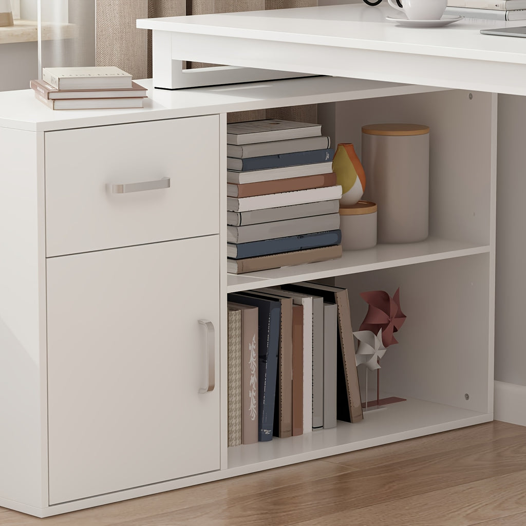 L-shaped Computer Desk with Drawer, Open Shelves & Filing Cabinet, Modern Writing Desk with Spacious Desktop, for Home Office, Study Room, White