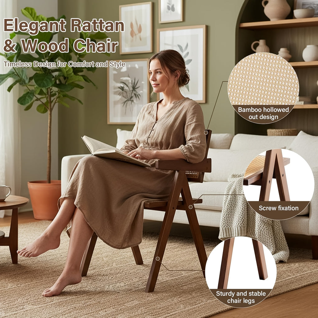 Modern Mid-Century Rattan Dining Chairs Suitable for \u002FOutdoor Use - Cushioned Armrest Accent Chairs with Soft Padded Seats, Assembly, Neutral Tones for Living Room, Kitchen, Furniture (No Wood)