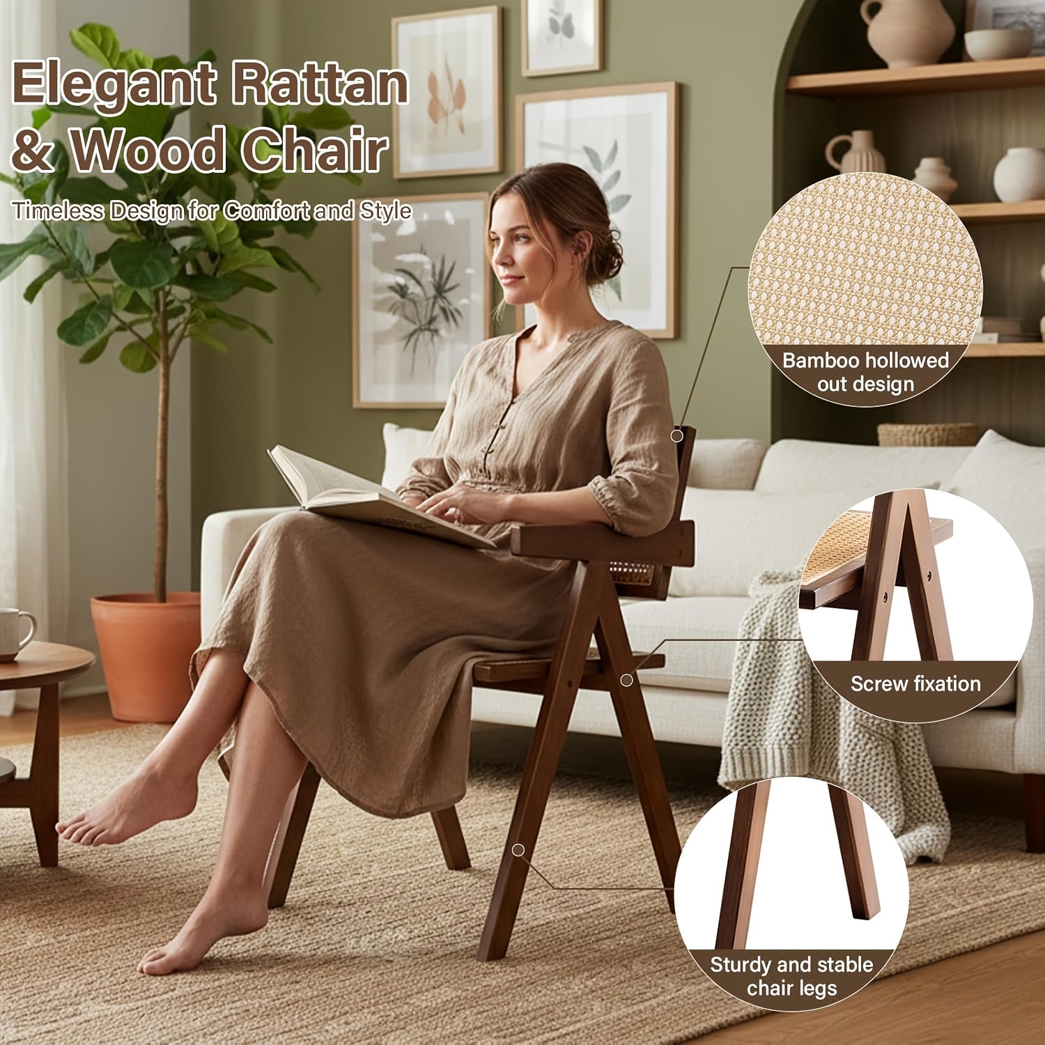 Modern Mid-Century Rattan Dining Chairs Suitable for \u002FOutdoor Use - Cushioned Armrest Accent Chairs with Soft Padded Seats, Assembly, Neutral Tones for Living Room, Kitchen, Furniture (No Wood)