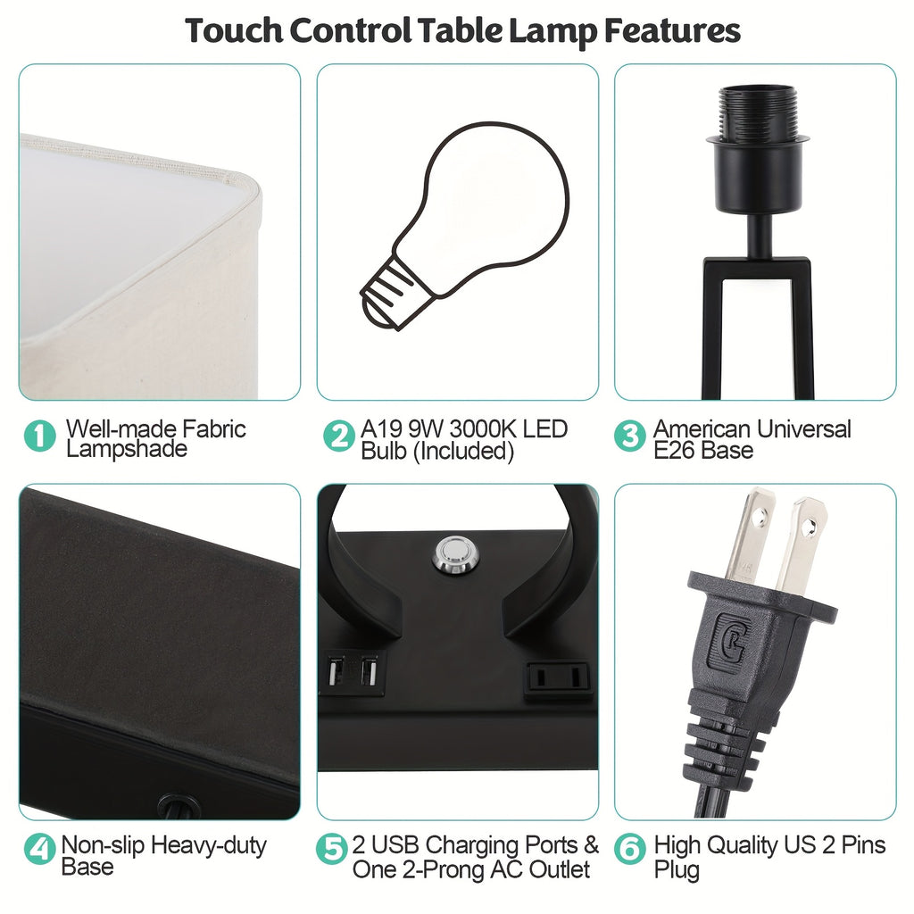 Touch Control Table Lamps Set Of 2, 3-Way Dimmable Bedside Nightstand Lamps with Dual USB Ports And 2-Prong AC Outlet for Bedroom Living Room Dorm Office, Bulbs Included