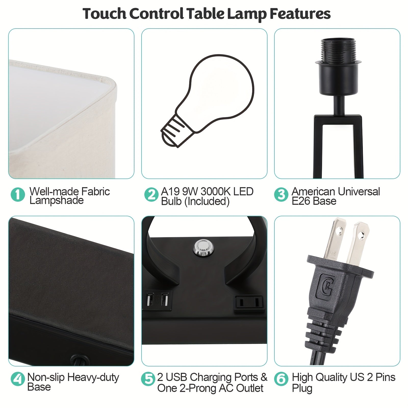 Touch Control Table Lamps Set Of 2, 3-Way Dimmable Bedside Nightstand Lamps with Dual USB Ports And 2-Prong AC Outlet for Bedroom Living Room Dorm Office, Bulbs Included