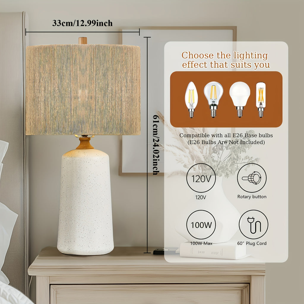 Three-Level Dimmable Farmhouse-Style Table Lamp, Standing 24 Inches Tall, Single Ceramic Bedside Lamp, Nightstand Lamp Featuring Fabric Shades Suitable for Living Room, Bedroom, Office, And Study