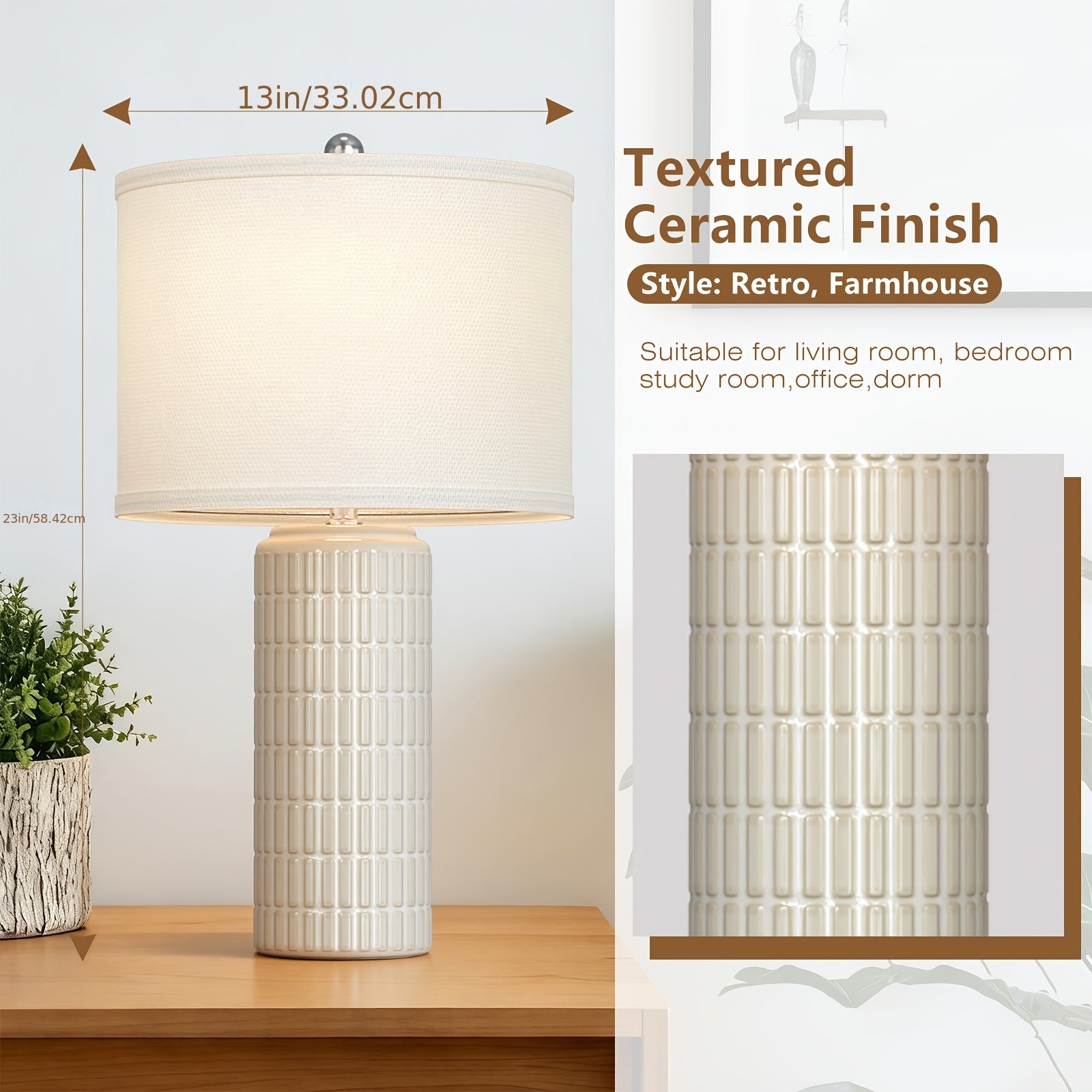 23 Inch Ceramic Table Lamp Set of 2 | Modern Farmhouse Style with White Bedside Lamps for Living Room, Bedroom, Office Desk Decor, Adjustable Lighting with Drum Fabric Shade, Ideal for Reading, Gift Idea