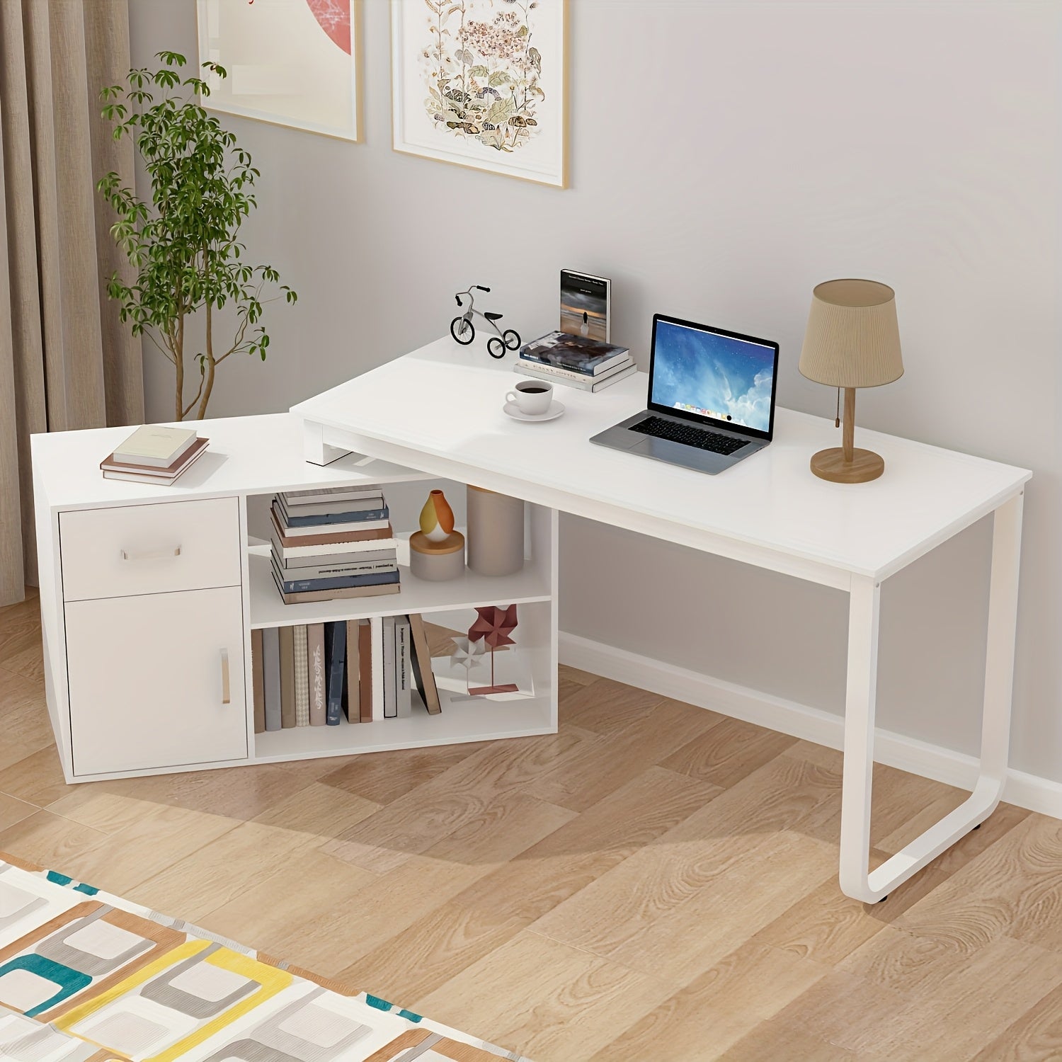 L-shaped Computer Desk with Drawer, Open Shelves & Filing Cabinet, Modern Writing Desk with Spacious Desktop, for Home Office, Study Room, White
