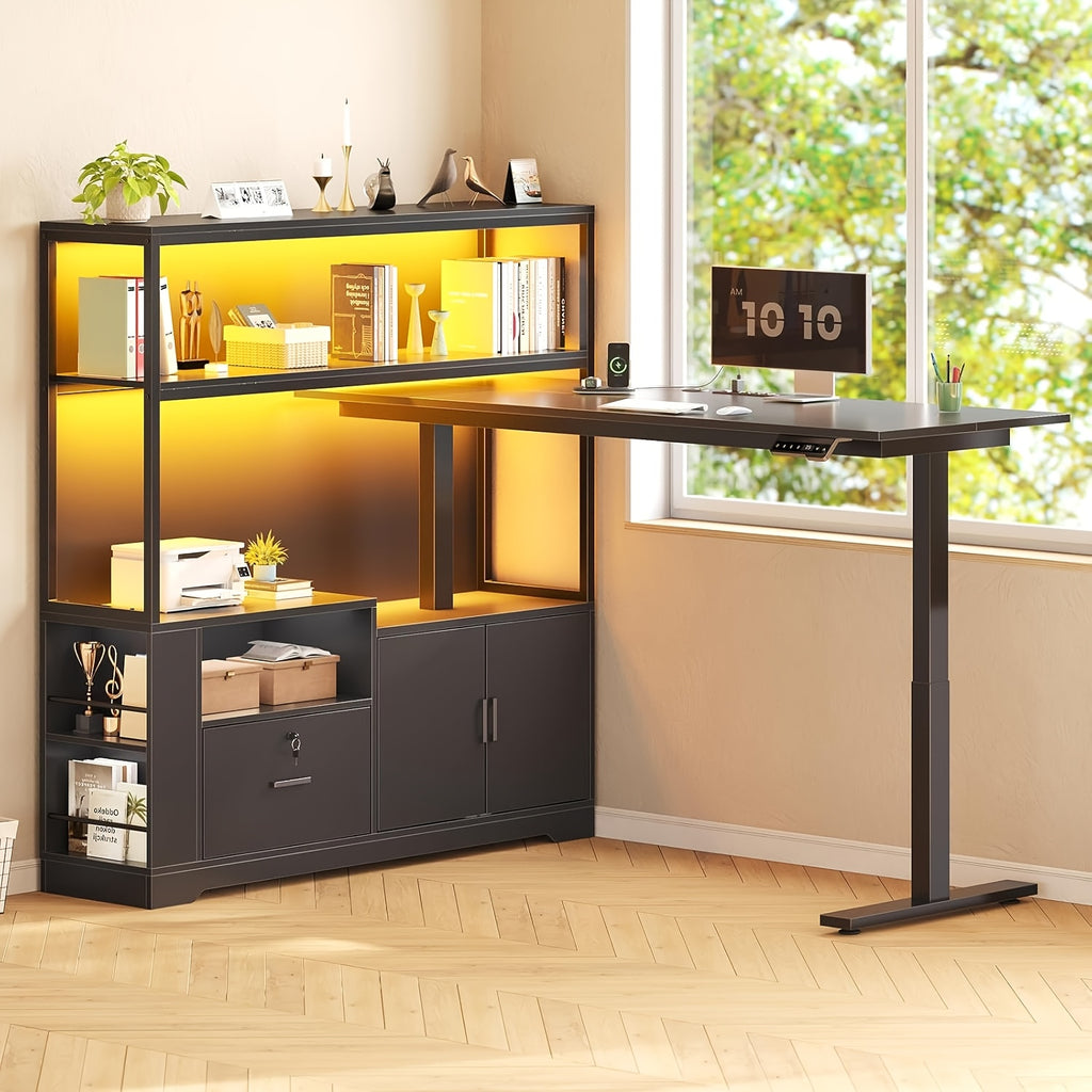 L Shaped Standing Desk with Memory Controller, Home Office Desk with Ample Storage & Power Outlets, 47 Inch Height Adjustable Corner Desk with Drawer, Cabinet And Open Shelves, 23.1\