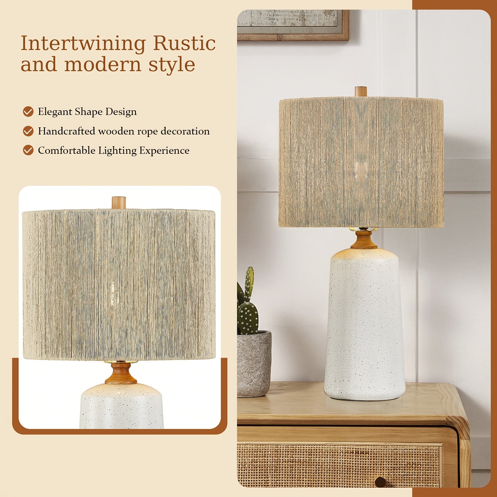 Three-Level Dimmable Farmhouse-Style Table Lamp, Standing 24 Inches Tall, Single Ceramic Bedside Lamp, Nightstand Lamp Featuring Fabric Shades Suitable for Living Room, Bedroom, Office, And Study