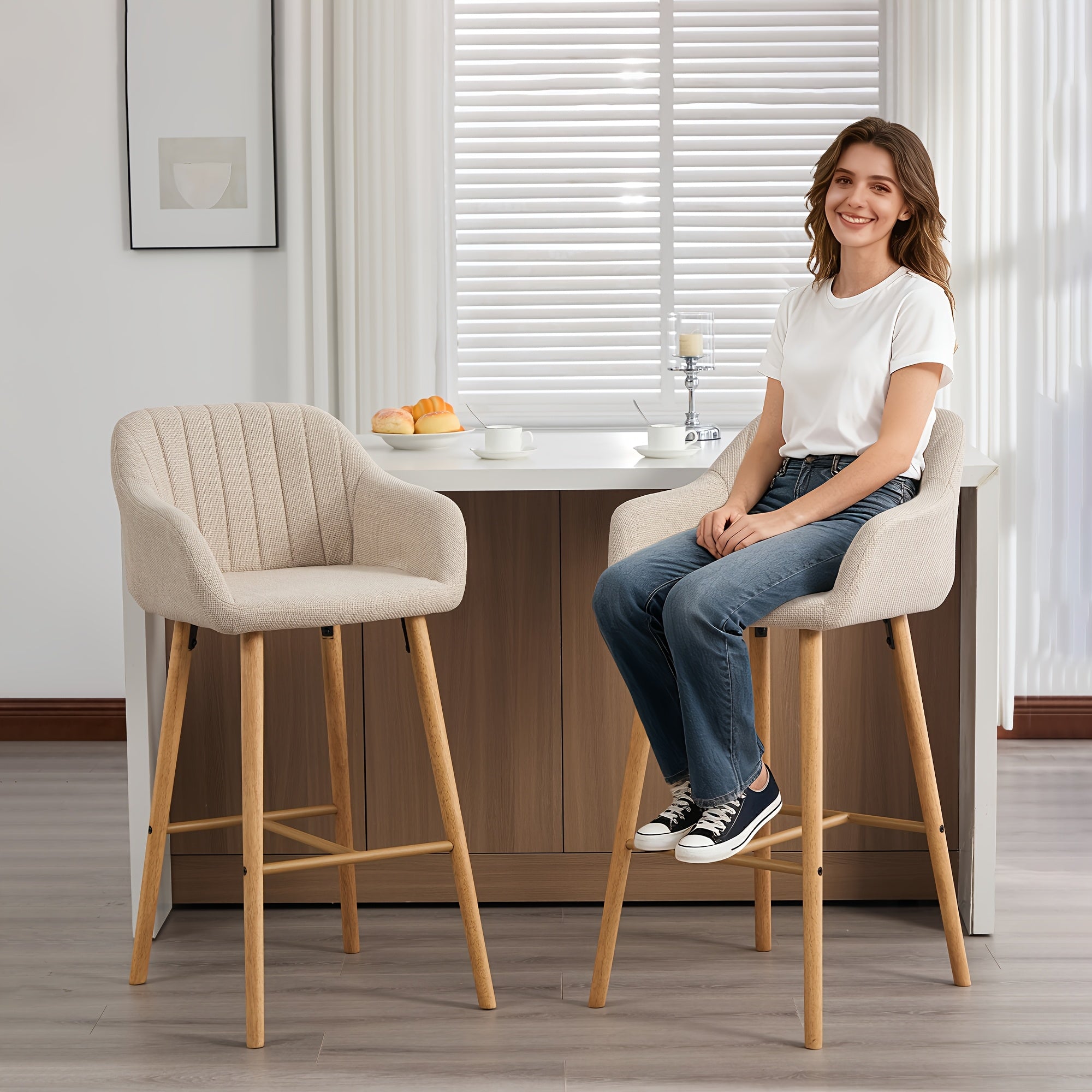 Set of 2 Bar Stools Upholstered in Modern Linen Fabric, Featuring Tall Chairs for Kitchen Islands with Back Support, Armrests, And Footrests