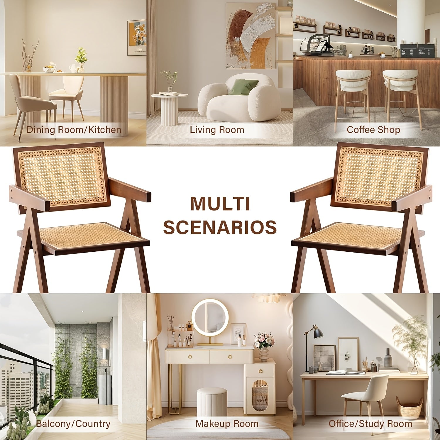 Modern Mid-Century Rattan Dining Chairs Suitable for \u002FOutdoor Use - Cushioned Armrest Accent Chairs with Soft Padded Seats, Assembly, Neutral Tones for Living Room, Kitchen, Furniture (No Wood)