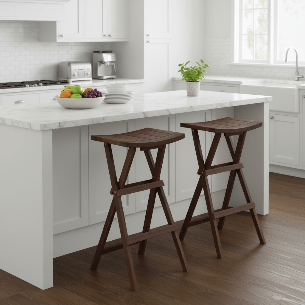 Set of 2 Modern Teak Wood Folding Bar Stools with Saddle Seat & Footrest - Heavy-Duty X-Frame, Bistro Stool for Indoor\u002FOutdoor Use Suitable, Cafe, Patio - Easy Assembly & Space-Saving Design