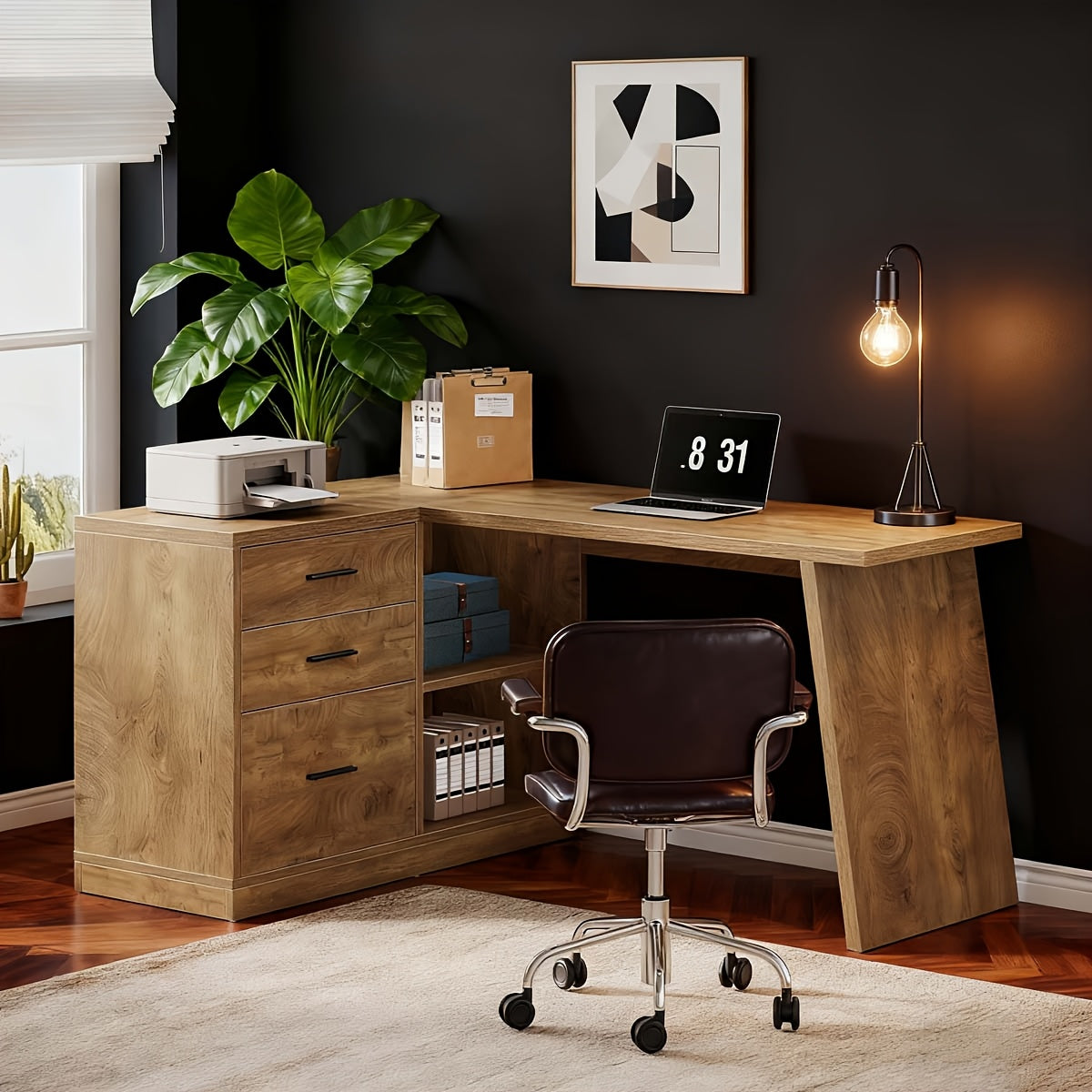 Brown 55-Inch L-Shaped Desk for Computers Featuring Three Drawers, Corner Design with Storage Shelves, Ideal for Home Office Use, Sturdy for Work, Writing, And Gaming