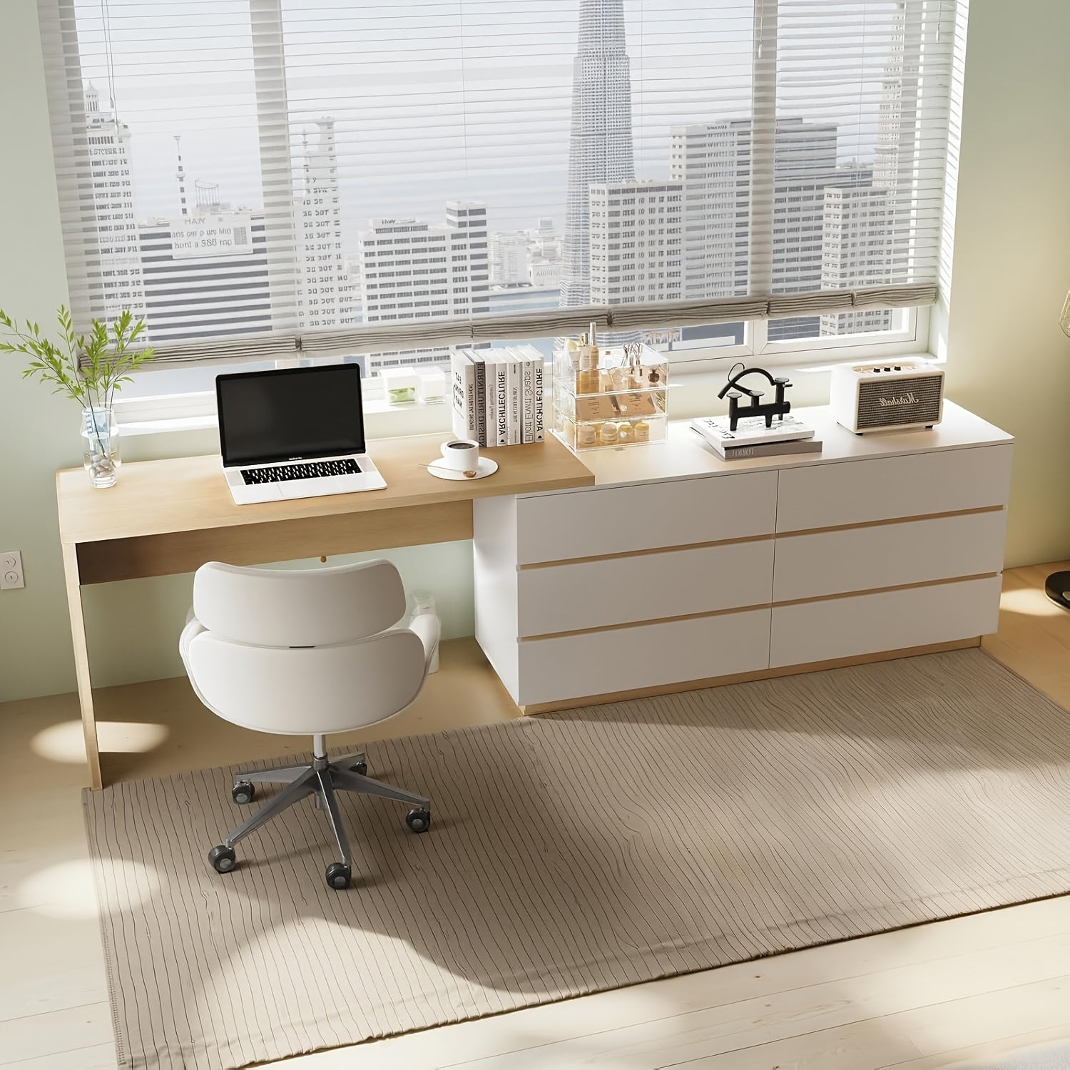 A 97.63-Inch Computer Desk Featuring a Modern Farmhouse Design, This L-Shaped Retractable Desk Comes with Six Storage Drawers, Making It Ideal for a for Home Office Or Bedroom