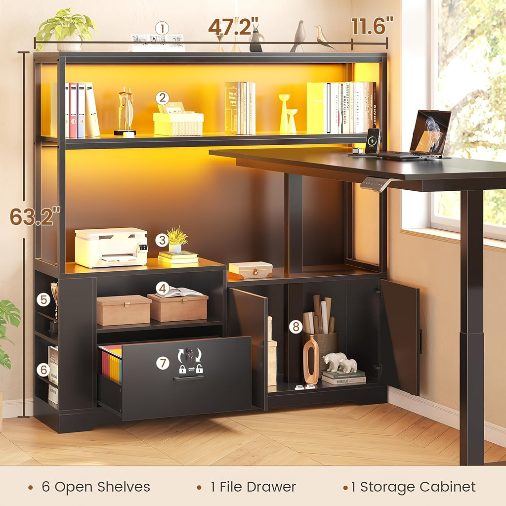 L Shaped Standing Desk with Memory Controller, Home Office Desk with Ample Storage & Power Outlets, 47 Inch Height Adjustable Corner Desk with Drawer, Cabinet And Open Shelves, 23.1\