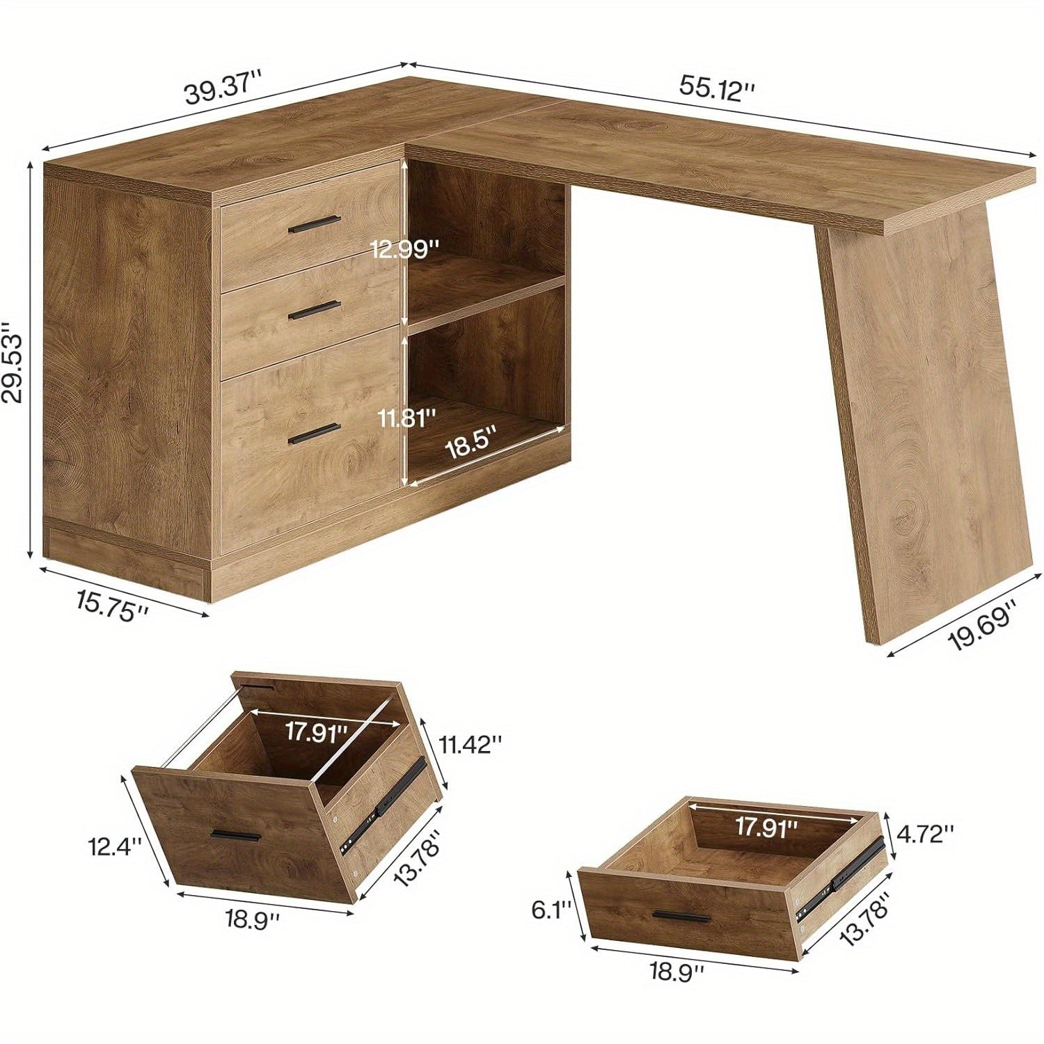 Brown 55-Inch L-Shaped Desk for Computers Featuring Three Drawers, Corner Design with Storage Shelves, Ideal for Home Office Use, Sturdy for Work, Writing, And Gaming