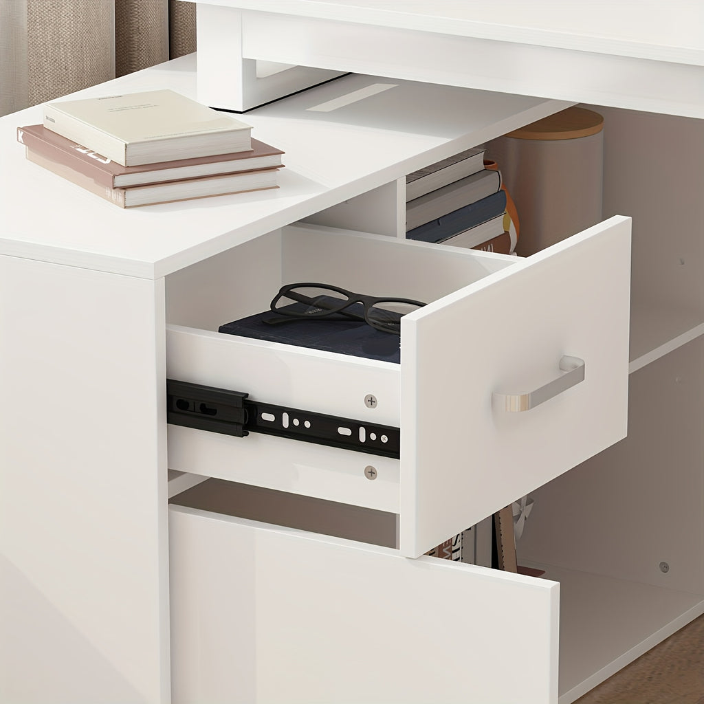 L-shaped Computer Desk with Drawer, Open Shelves & Filing Cabinet, Modern Writing Desk with Spacious Desktop, for Home Office, Study Room, White