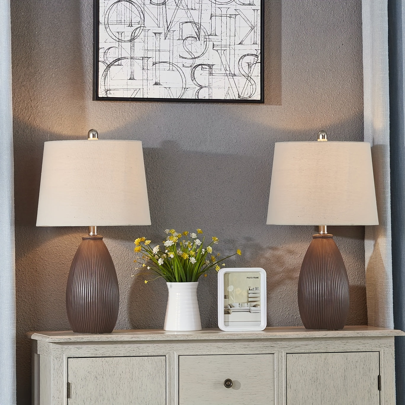 22 Inches Ceramic Table Lamps Set Of 2, 3-Way Dimmable Bedside Nightstand Lamps with Oatmeal Shade, Modern Grey\u002FBrown Desk Lamps for Bedroom, Living Room, Office, Study