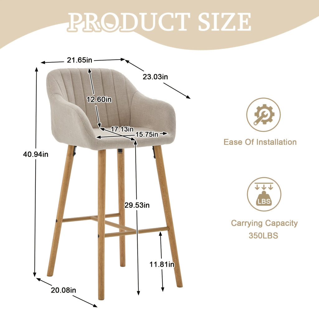 Set of 2 Bar Stools Upholstered in Modern Linen Fabric, Featuring Tall Chairs for Kitchen Islands with Back Support, Armrests, And Footrests