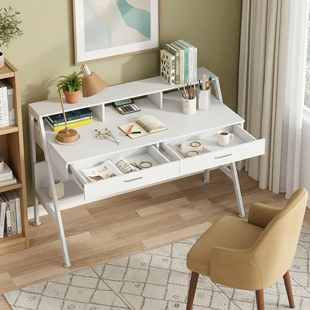 47 Inch Computer Desk With Storage Shelf & Drawers | Modern Office Writing Desk Study Table With Monitor Stand Riser, White, Byblight, Christmas Renewal