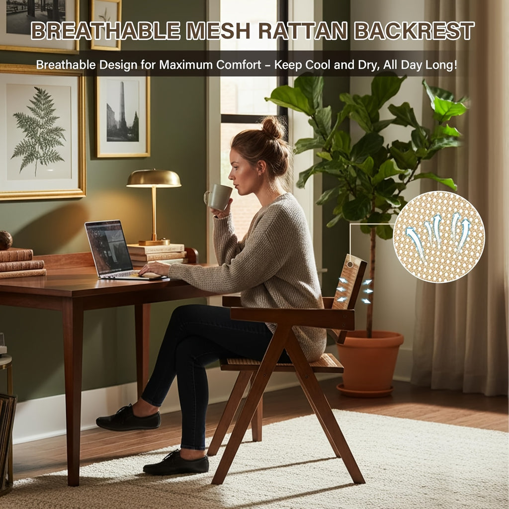 Modern Mid-Century Rattan Dining Chairs Suitable for \u002FOutdoor Use - Cushioned Armrest Accent Chairs with Soft Padded Seats, Assembly, Neutral Tones for Living Room, Kitchen, Furniture (No Wood)