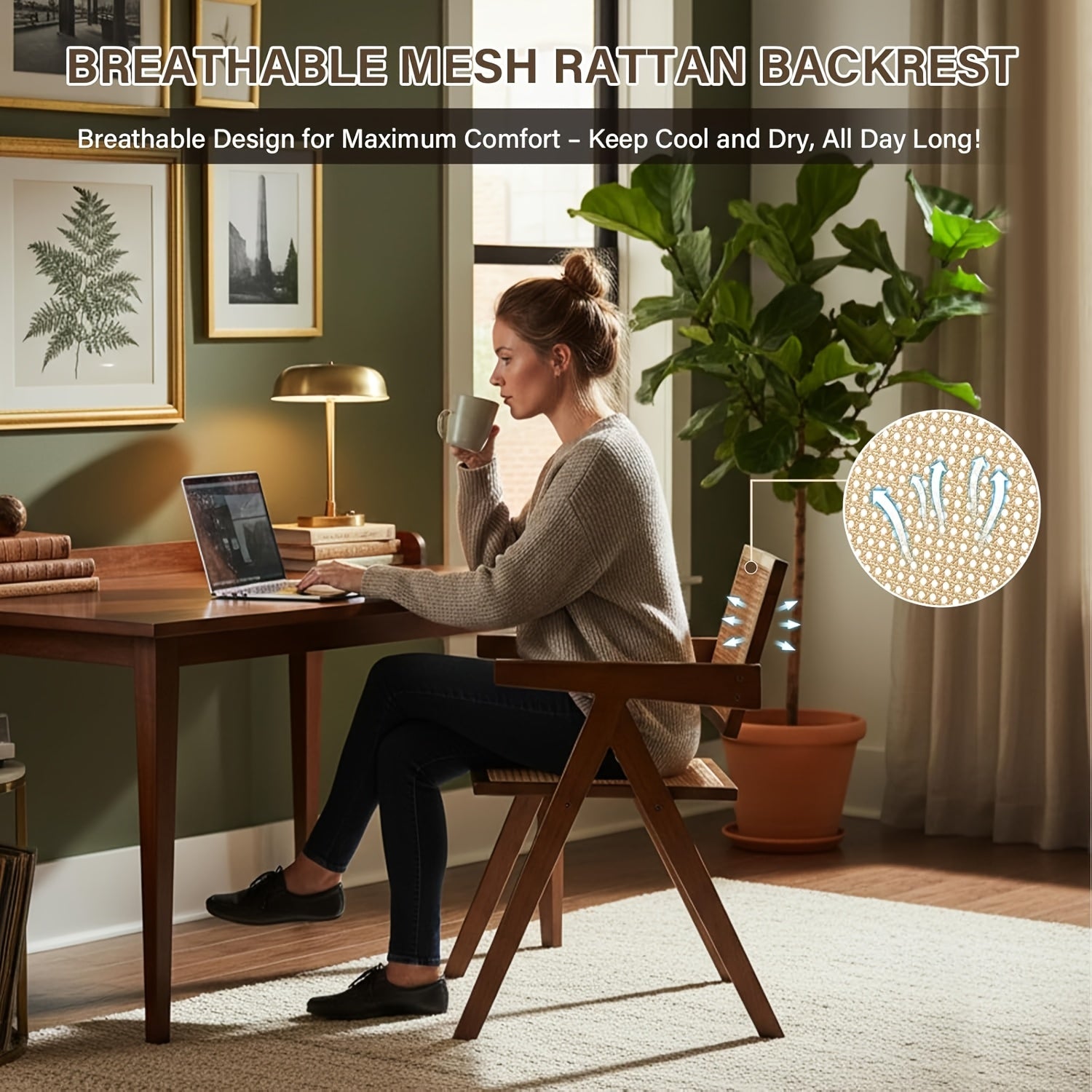 Modern Mid-Century Rattan Dining Chairs Suitable for \u002FOutdoor Use - Cushioned Armrest Accent Chairs with Soft Padded Seats, Assembly, Neutral Tones for Living Room, Kitchen, Furniture (No Wood)