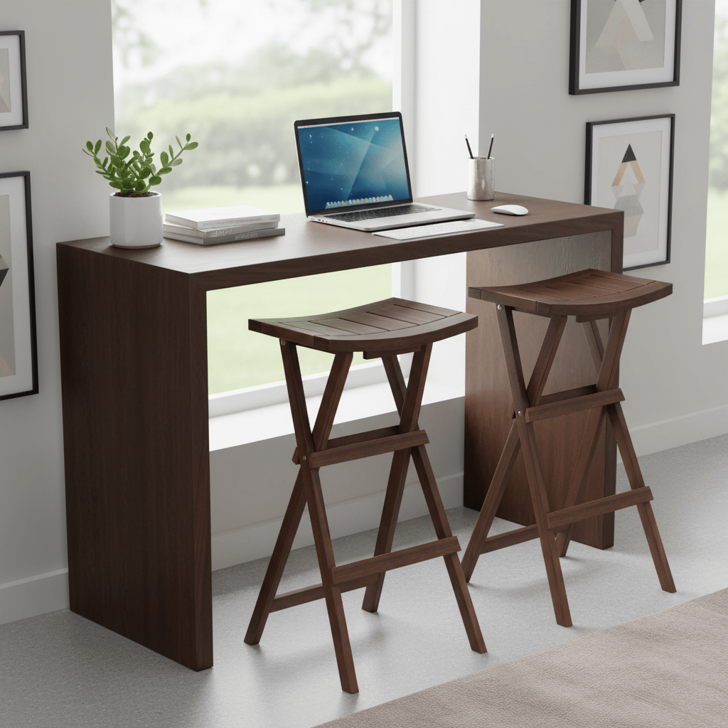 Set of 2 Modern Teak Wood Folding Bar Stools with Saddle Seat & Footrest - Heavy-Duty X-Frame, Bistro Stool for Indoor\u002FOutdoor Use Suitable, Cafe, Patio - Easy Assembly & Space-Saving Design