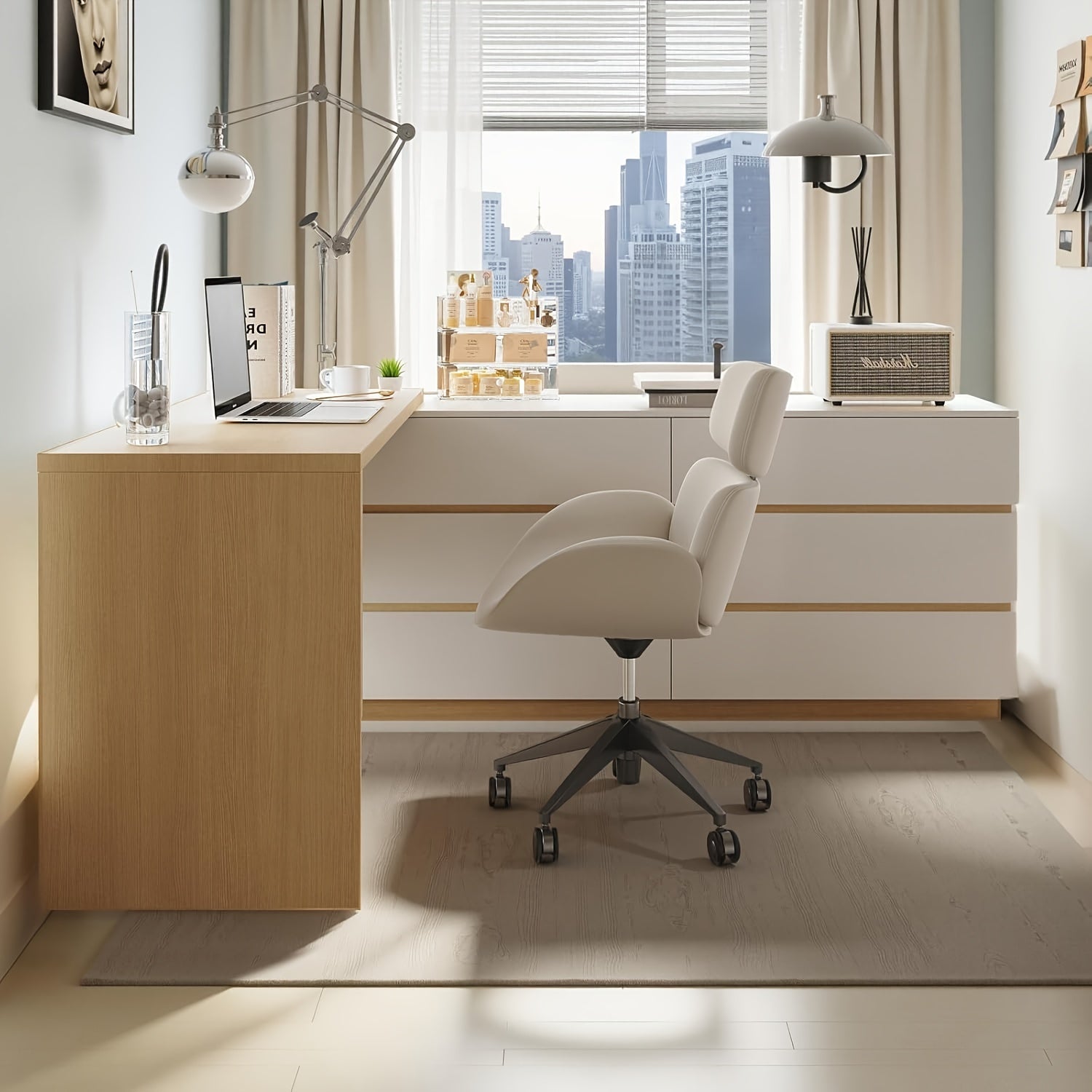 A 97.63-Inch Computer Desk Featuring a Modern Farmhouse Design, This L-Shaped Retractable Desk Comes with Six Storage Drawers, Making It Ideal for a for Home Office Or Bedroom