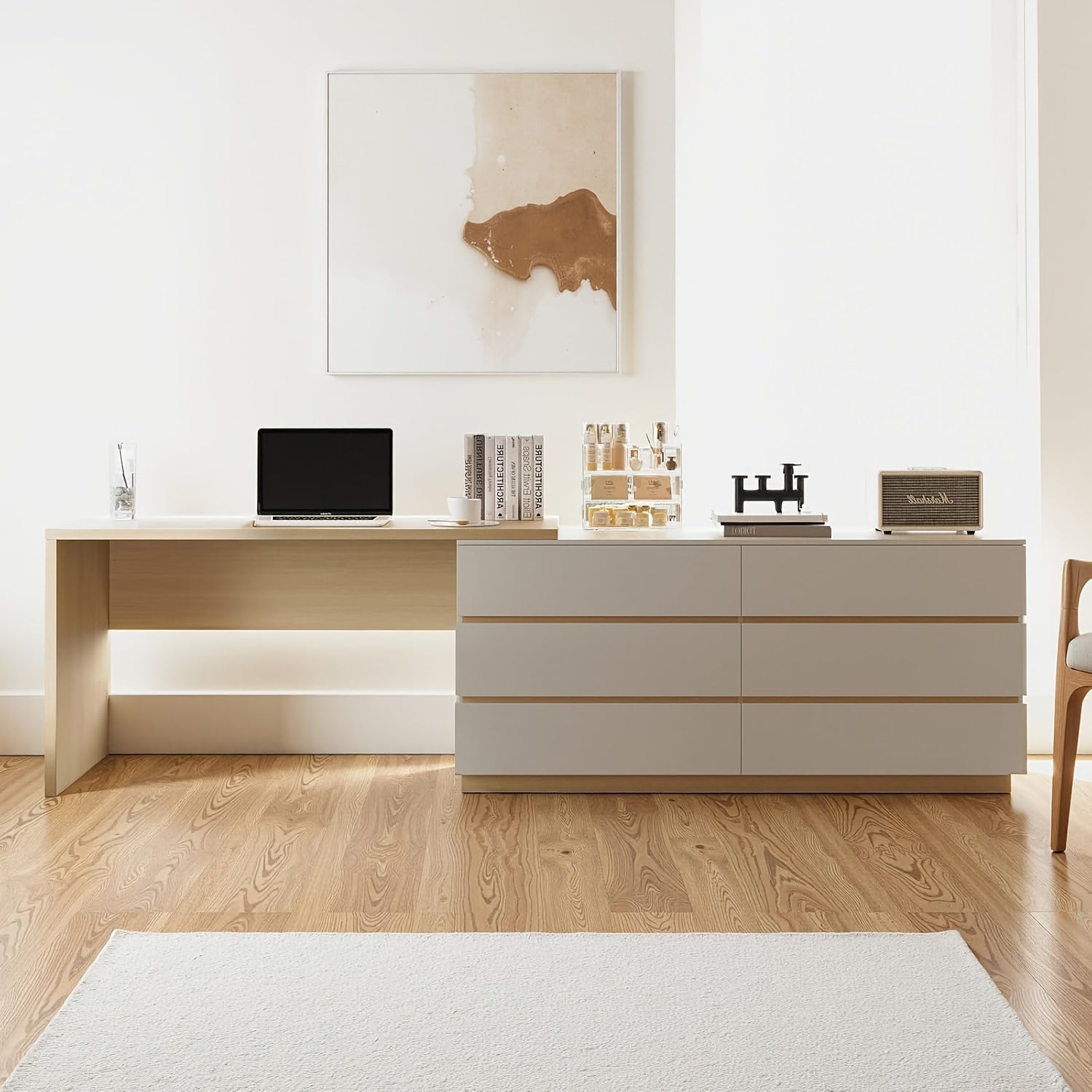 A 97.63-Inch Computer Desk Featuring a Modern Farmhouse Design, This L-Shaped Retractable Desk Comes with Six Storage Drawers, Making It Ideal for a for Home Office Or Bedroom