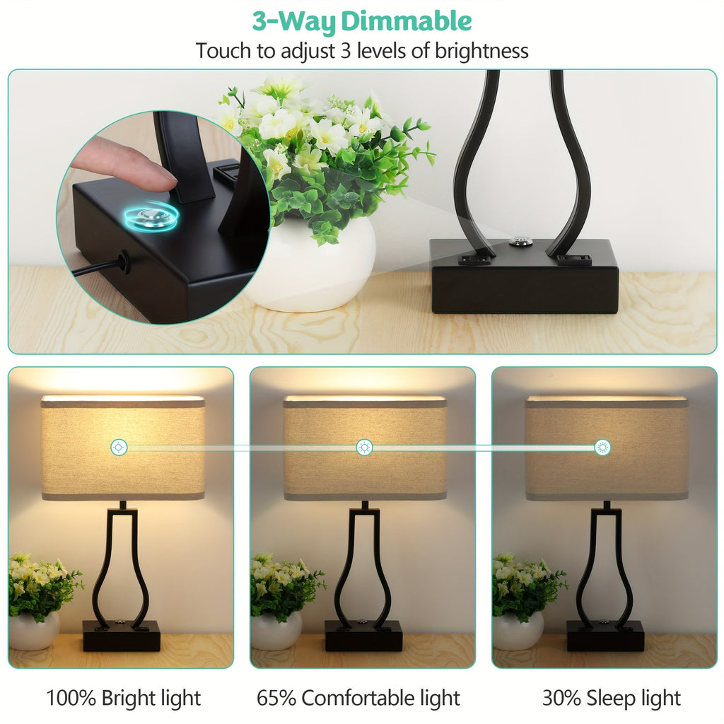 Touch Control Table Lamps Set Of 2, 3-Way Dimmable Bedside Nightstand Lamps with Dual USB Ports And 2-Prong AC Outlet for Bedroom Living Room Dorm Office, Bulbs Included