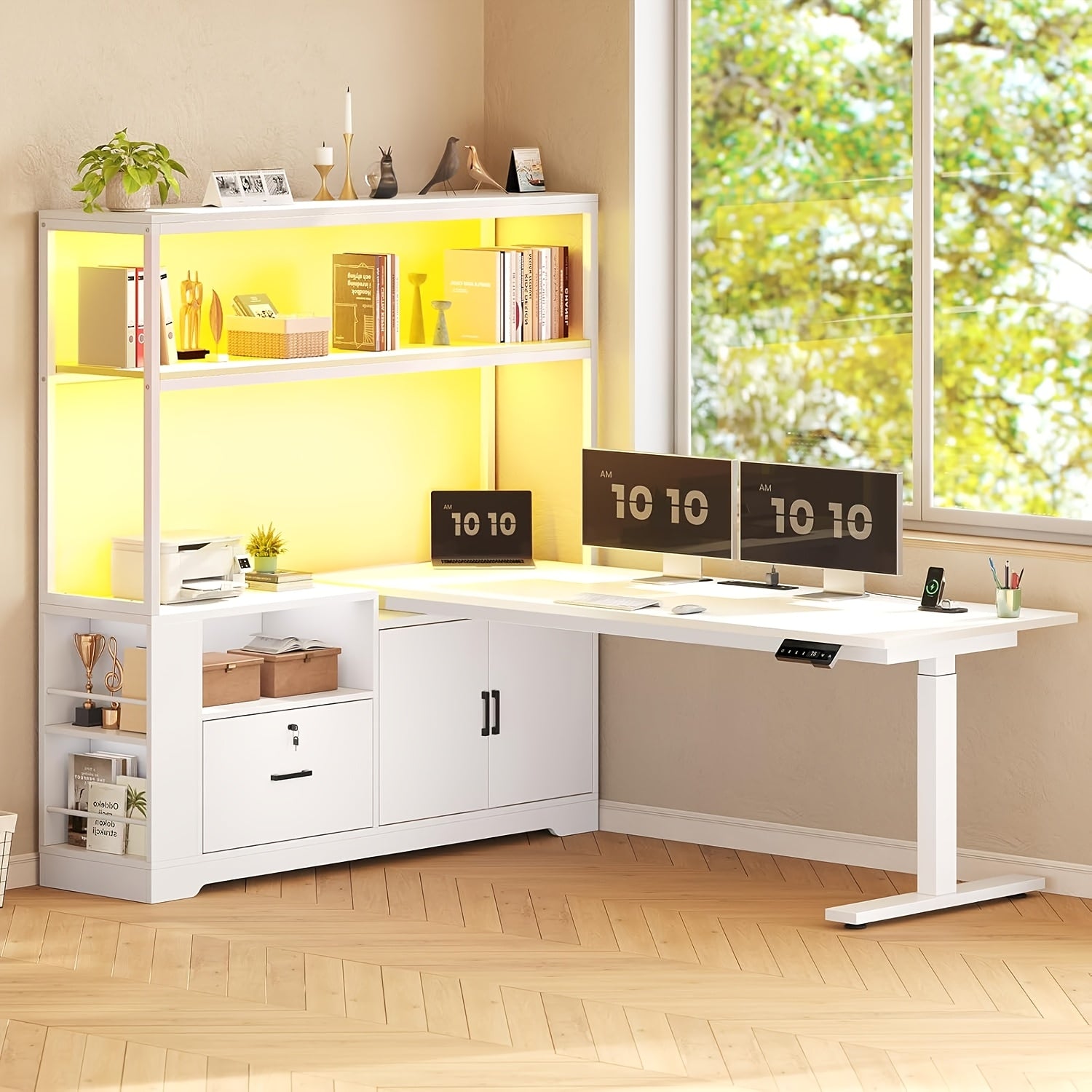 L Shaped Standing Desk with Memory Controller, Home Office Desk with Ample Storage & Power Outlets, 47 Inch Height Adjustable Corner Desk with Drawer, Cabinet And Open Shelves, 23.1\