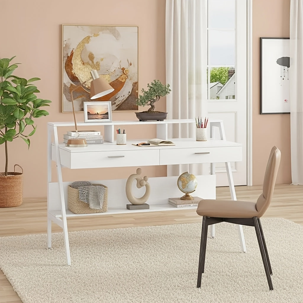 47 Inch Computer Desk With Storage Shelf & Drawers | Modern Office Writing Desk Study Table With Monitor Stand Riser, White, Byblight, Christmas Renewal