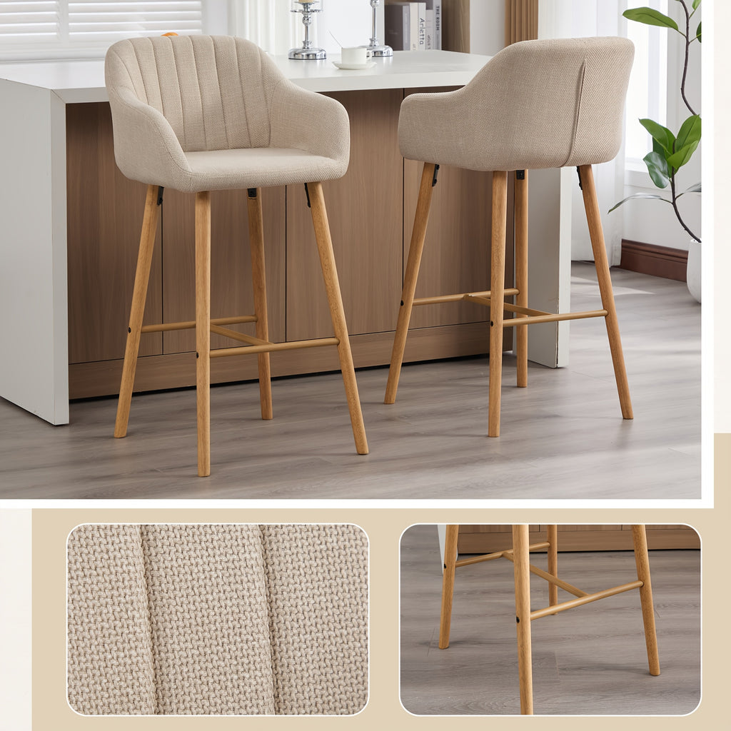 Set of 2 Bar Stools Upholstered in Modern Linen Fabric, Featuring Tall Chairs for Kitchen Islands with Back Support, Armrests, And Footrests