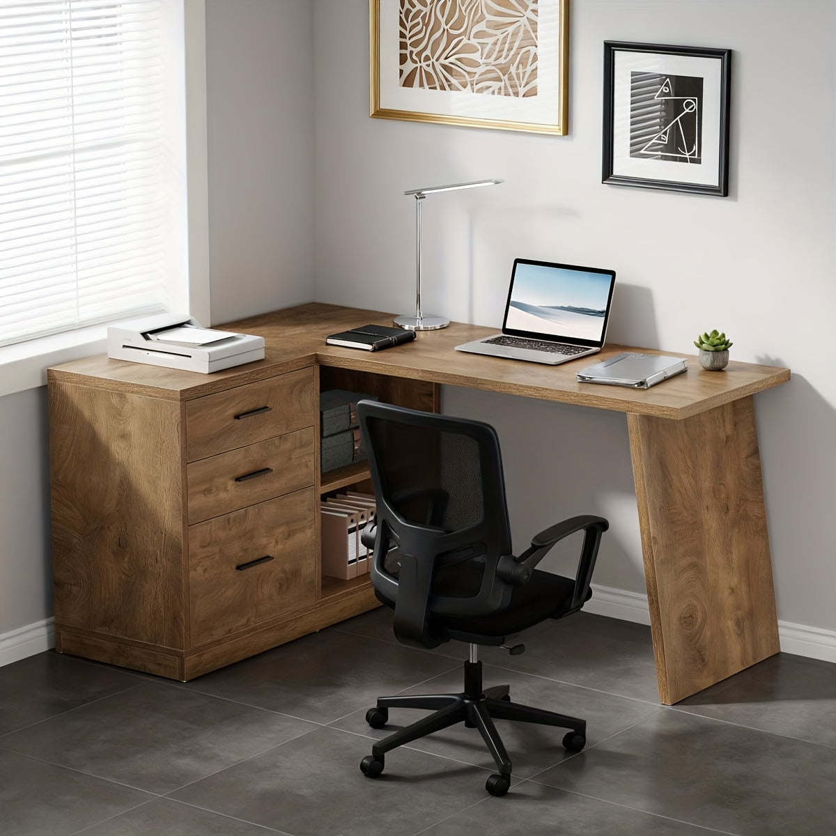 Brown 55-Inch L-Shaped Desk for Computers Featuring Three Drawers, Corner Design with Storage Shelves, Ideal for Home Office Use, Sturdy for Work, Writing, And Gaming