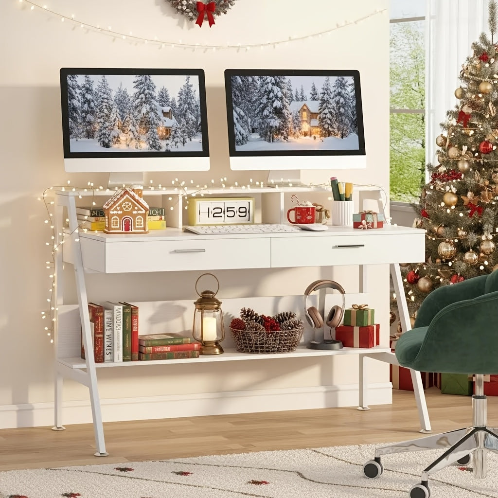47 Inch Computer Desk With Storage Shelf & Drawers | Modern Office Writing Desk Study Table With Monitor Stand Riser, White, Byblight, Christmas Renewal