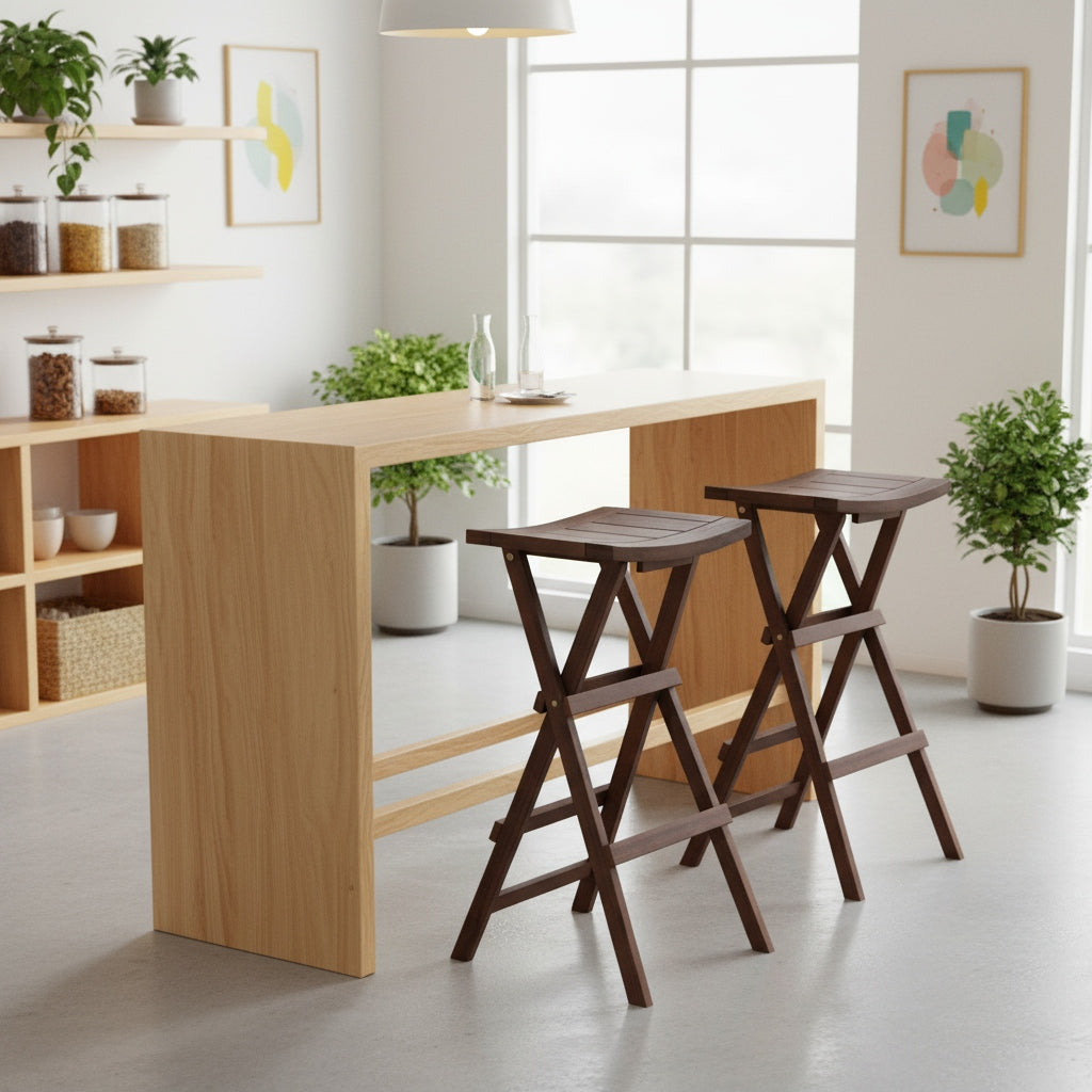 Set of 2 Modern Teak Wood Folding Bar Stools with Saddle Seat & Footrest - Heavy-Duty X-Frame, Bistro Stool for Indoor\u002FOutdoor Use Suitable, Cafe, Patio - Easy Assembly & Space-Saving Design