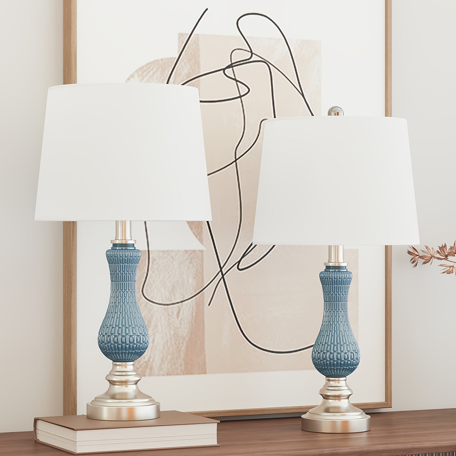 Blue Textured Glass Table Lamps Set Of 2, Modern Elegant White Shade Bedside Lamps With Ribbed Detail Lamp Body For Bedroom, Study, Office, Study Desk Lamp, Minimalist Lamp Design, Stylish Lamp, Lamp For Bedroom, Soft Warm Lighting For Home