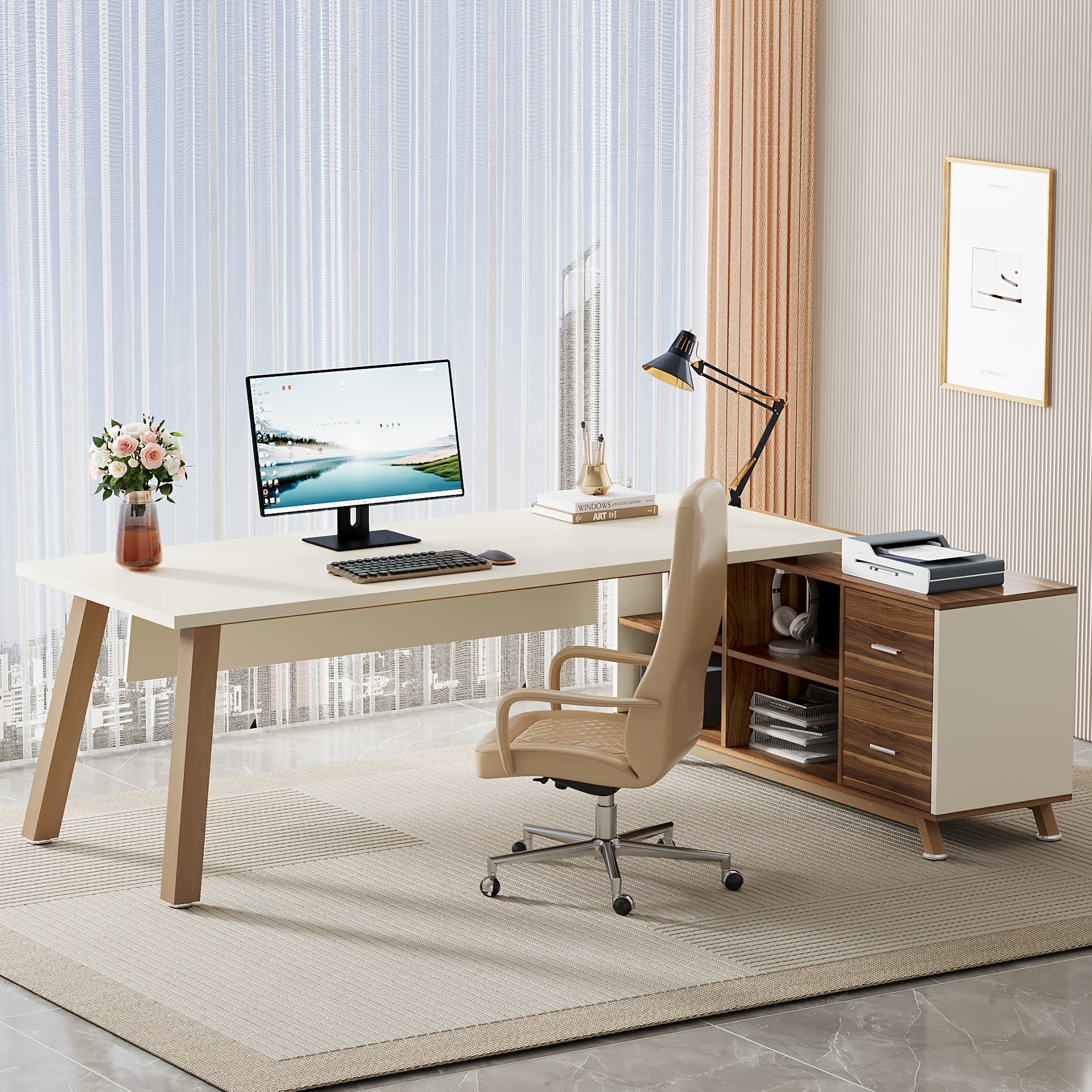71-Inch Executive Workstation, L-Shaped Desk Featuring a 55-Inch Cabinet, Spacious Office Desk with Storage Shelves, Contemporary Computer Desk for Home Office, Walnut And White End, Easy Assembly