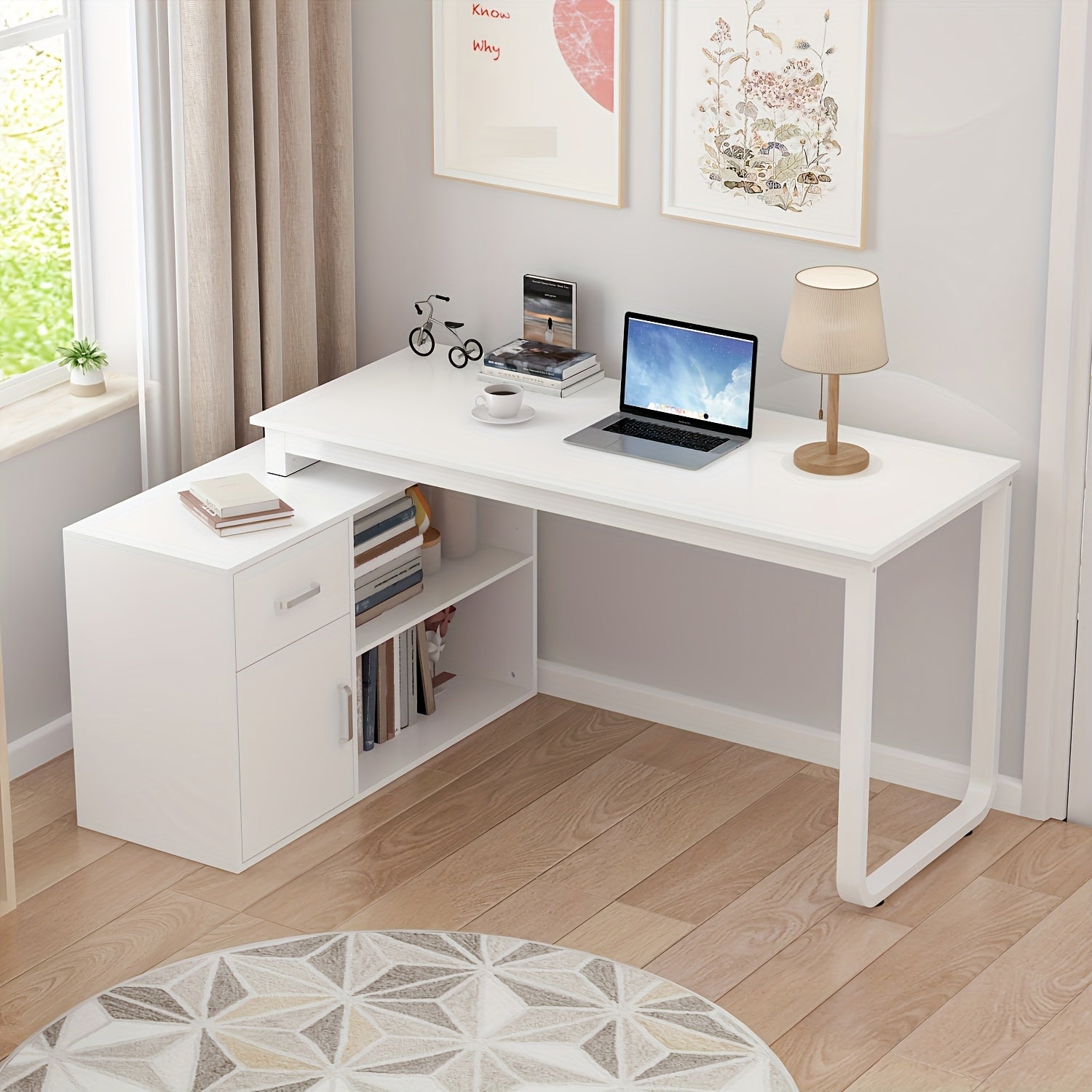 L-shaped Computer Desk with Drawer, Open Shelves & Filing Cabinet, Modern Writing Desk with Spacious Desktop, for Home Office, Study Room, White