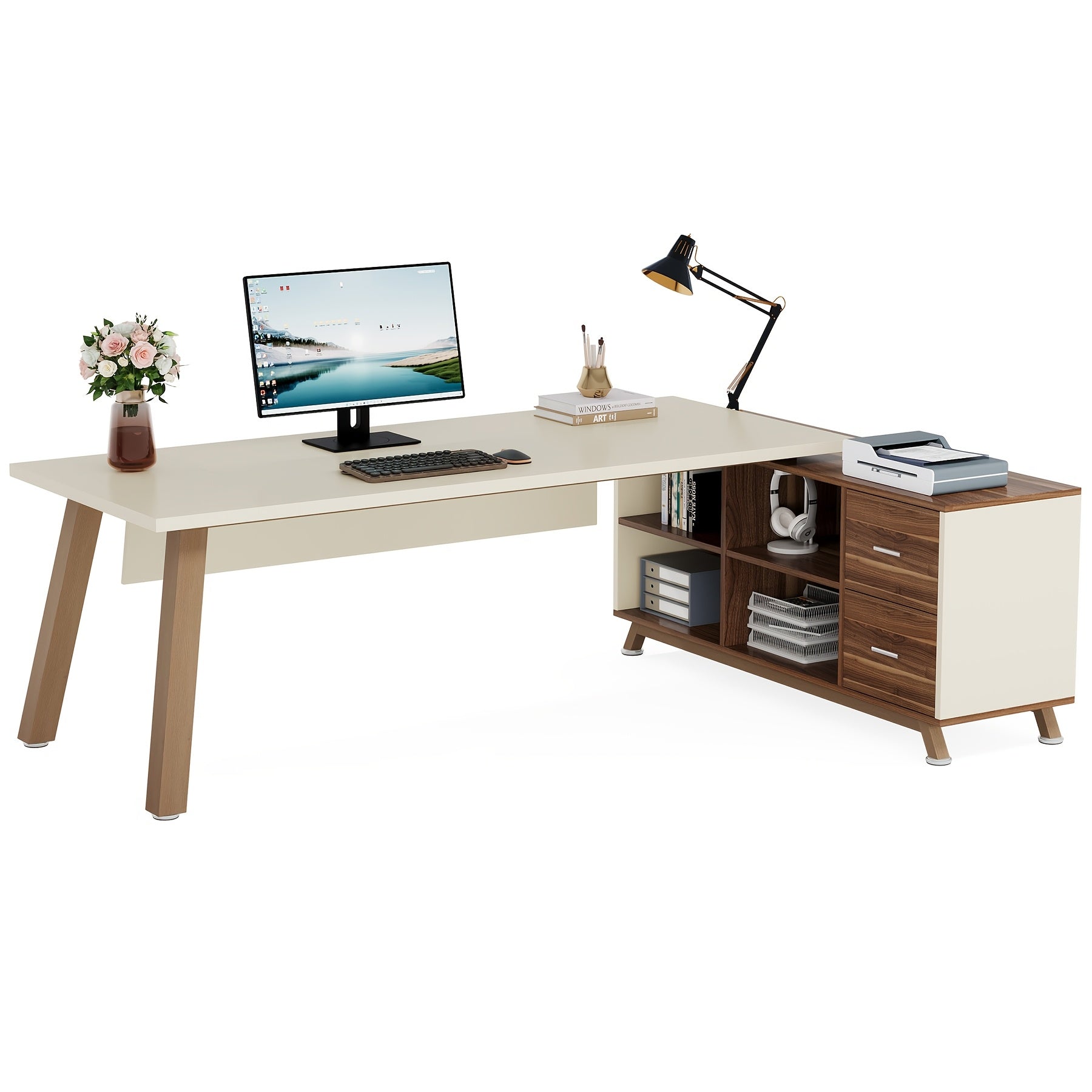 71-Inch Executive Workstation, L-Shaped Desk Featuring a 55-Inch Cabinet, Spacious Office Desk with Storage Shelves, Contemporary Computer Desk for Home Office, Walnut And White End, Easy Assembly